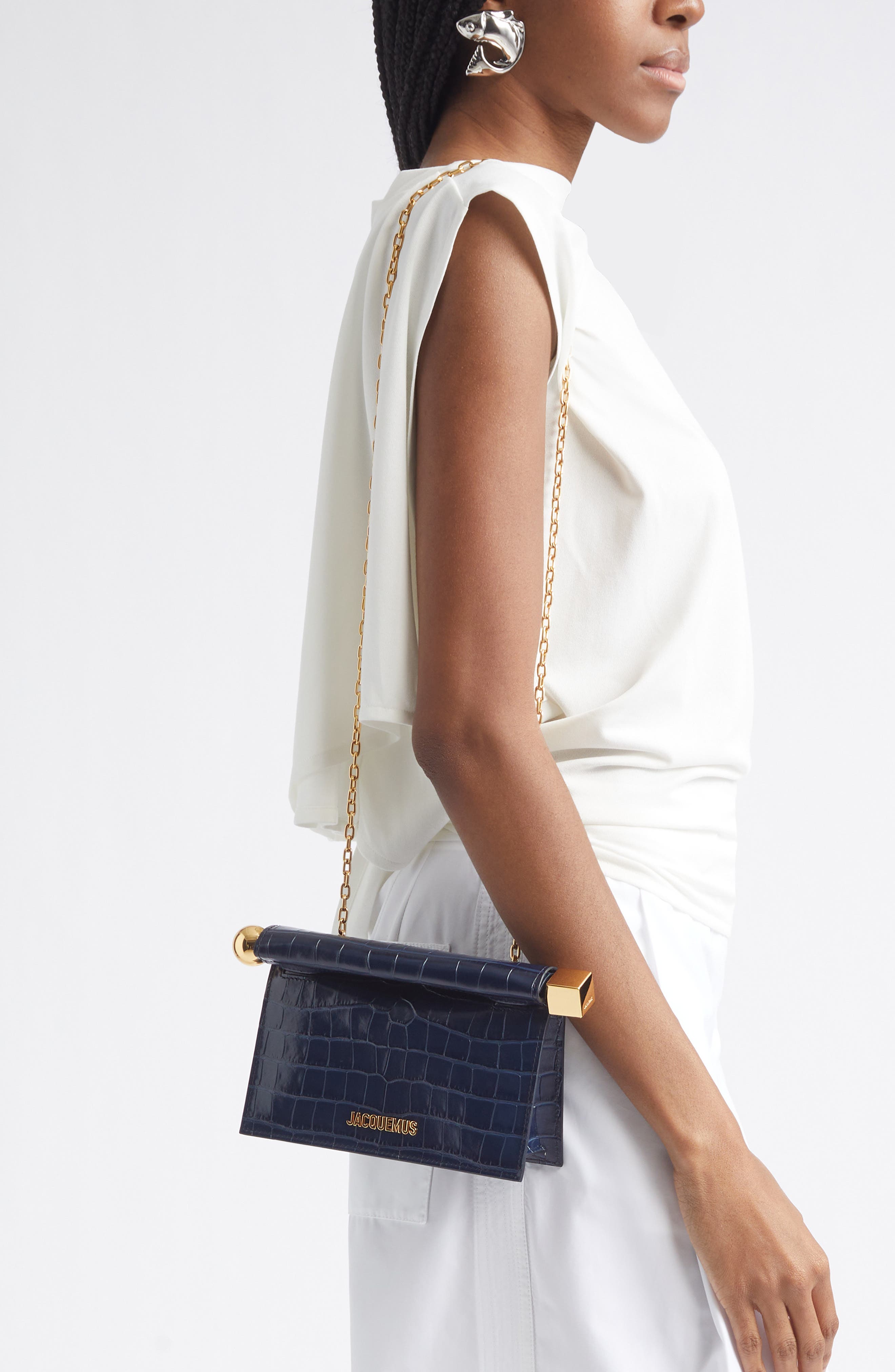 Jacquemus La Pochette Rond Carré Croc Embossed Leather Clutch, Alternate, color, Dark Navy 390