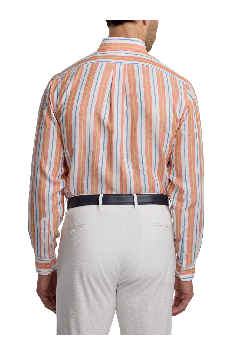 Linen Buttondown Collar Poplin Tailored Contrast Trim Button Cuff Long Sleeve, Alternate, color, White Multi