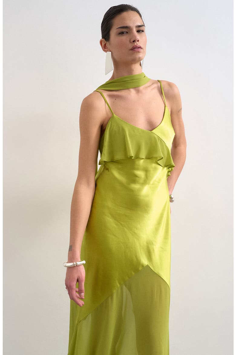Mixed Media Ruffle Maxi Dress with Scarf, Alternate, color, GREEN