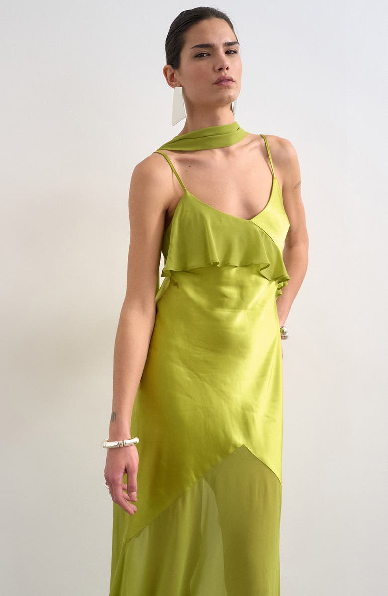 Topshop Mixed Media Ruffle Maxi Dress with Scarf, Alternate, color, Green