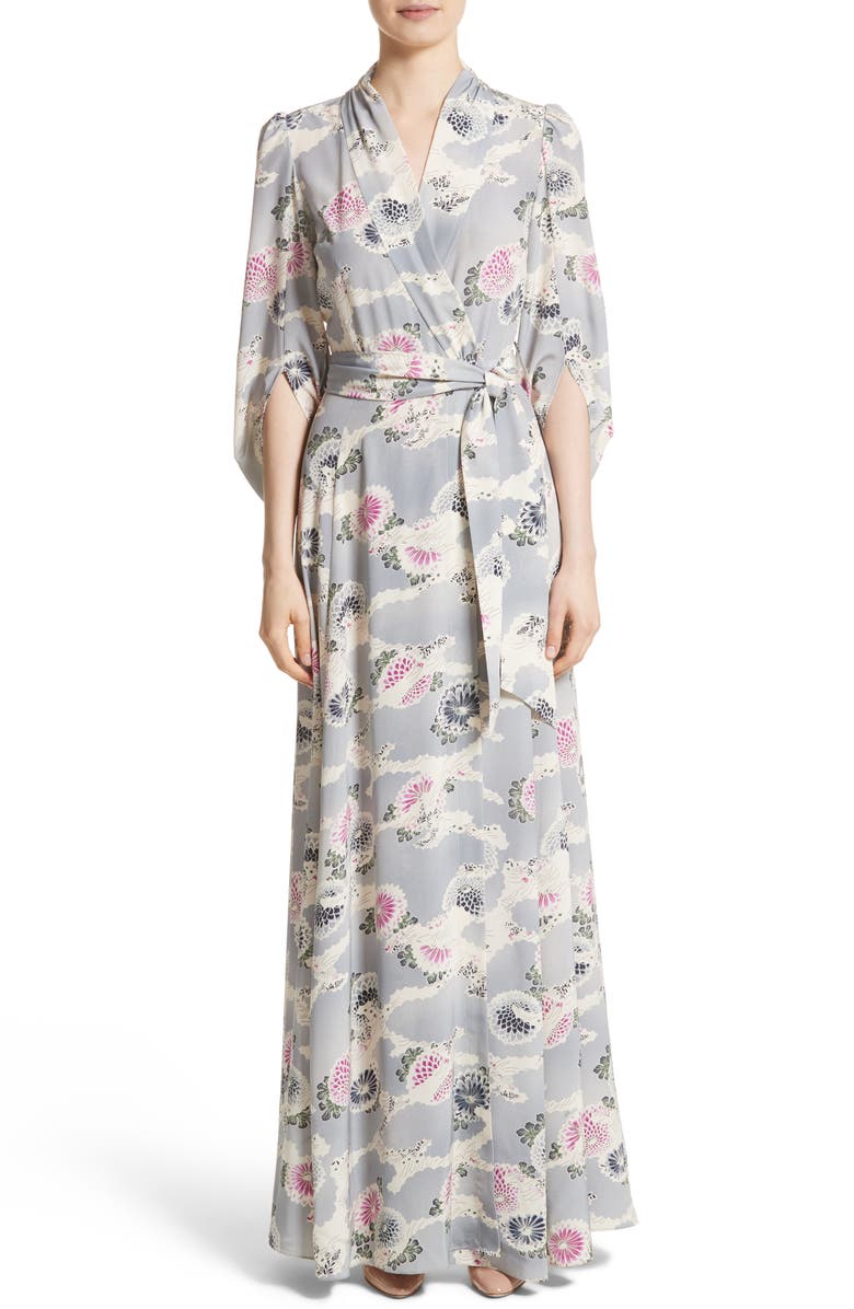 CO Floral Print Silk Crêpe de Chine Maxi Wrap Dress, Main, color, 