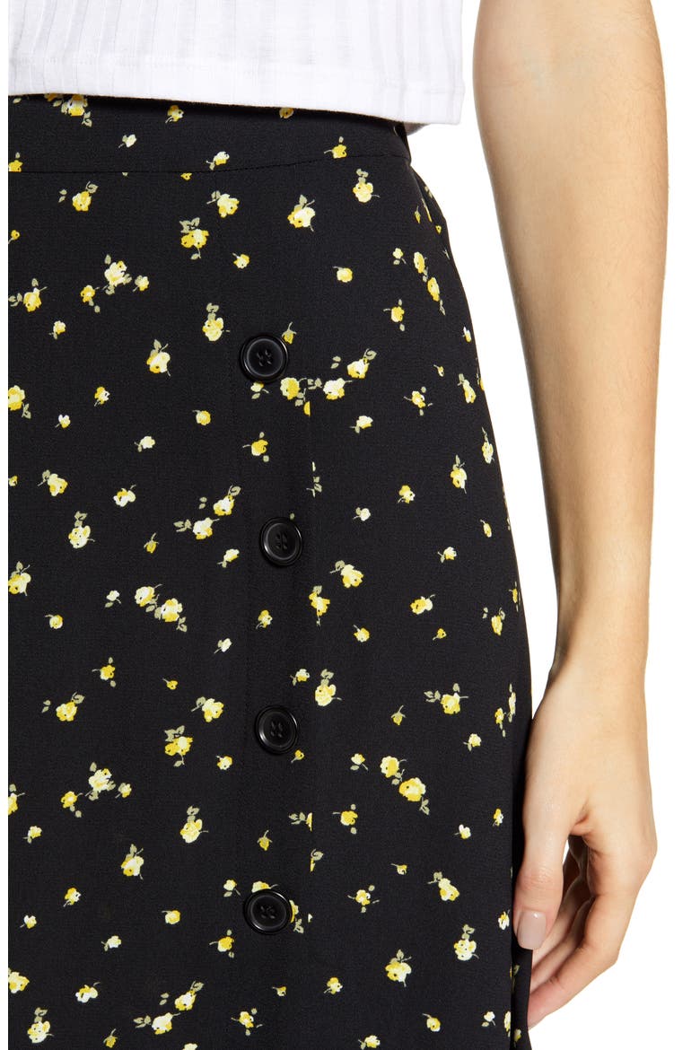 Floral Side Button Midi Skirt, Alternate, color, BLACK SCATTERED BLOOMS