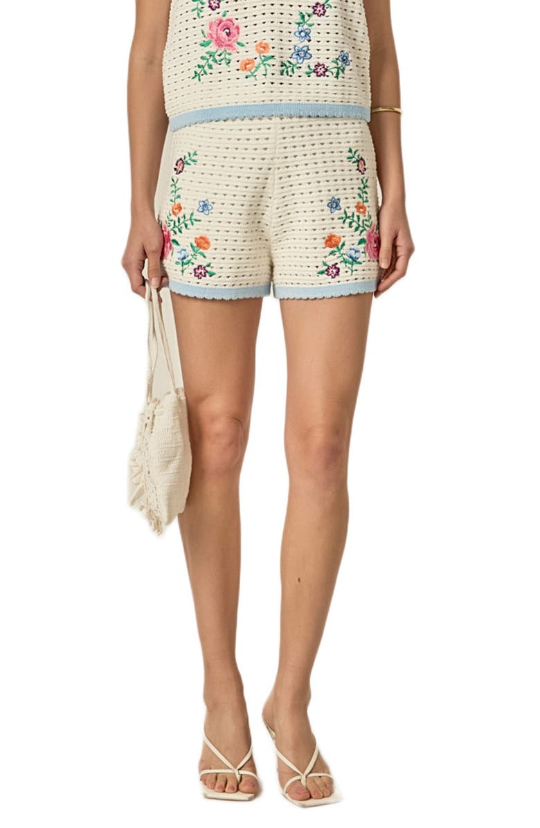 English Factory Embroidered Cotton Crochet Shorts, Main, color, Off White