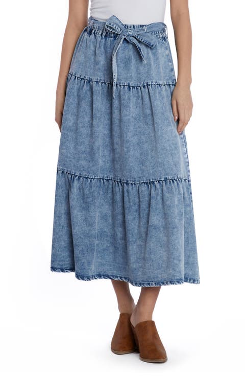 Tiered Tie Belt Denim Maxi Skirt