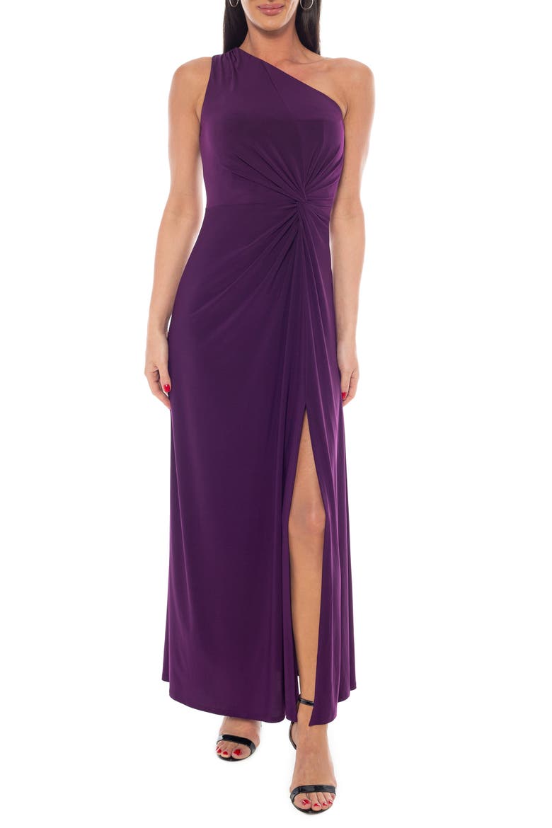 One-Shoulder Front Twist A-Line Gown, Main, color, EGGPLANT