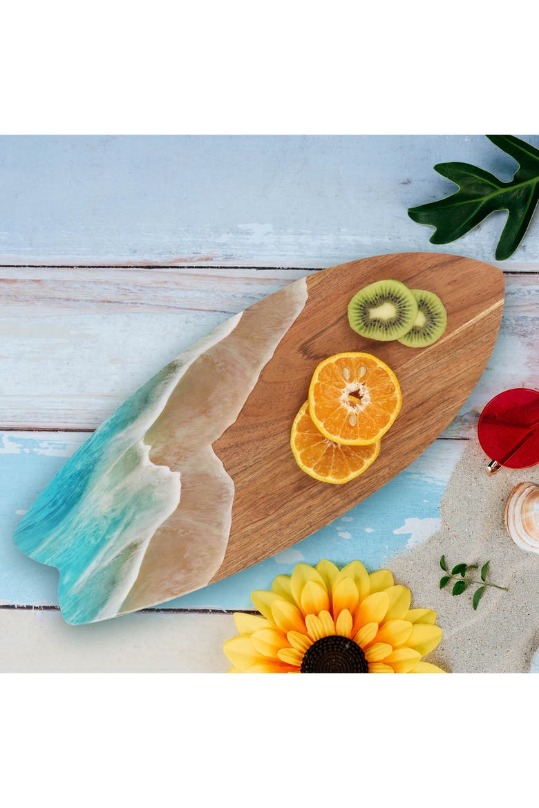 Surfboard Wave Coastal Wood Novelty Sports Shaped Serving Platter 6.5" x 16", Alternate, color, Brown