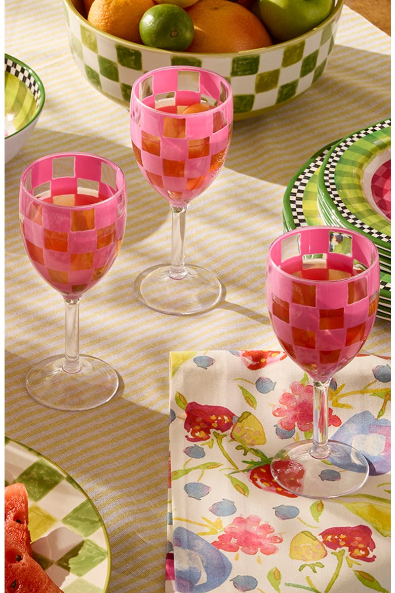 Set of 4 Pink Check Acrylic Wine Goblets, Alternate, color, PINK