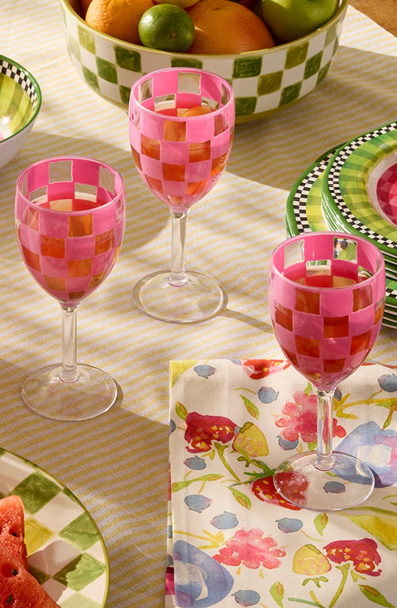 MACKENZIE CHILDS Set of 4 Pink Check Acrylic Wine Goblets, Alternate, color, Pink