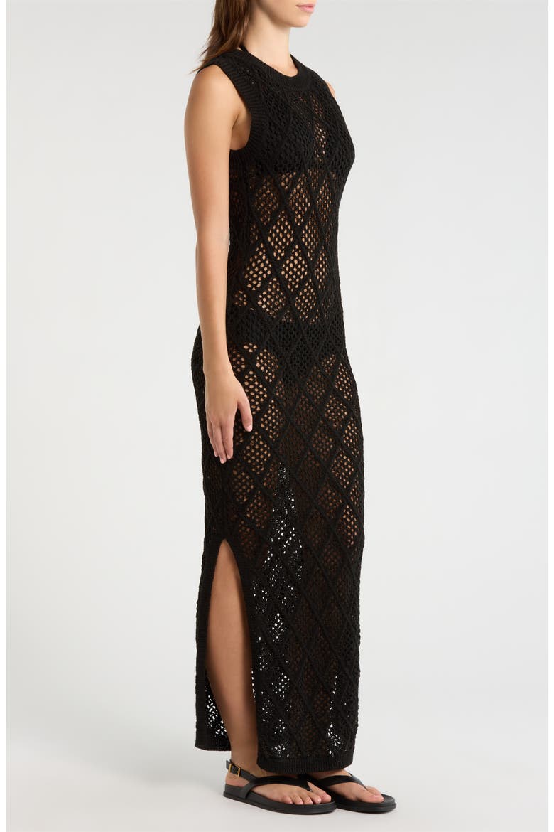 Open Stitch Ruffle Hem Cover-Up Maxi Dress, Alternate, color, BLACK