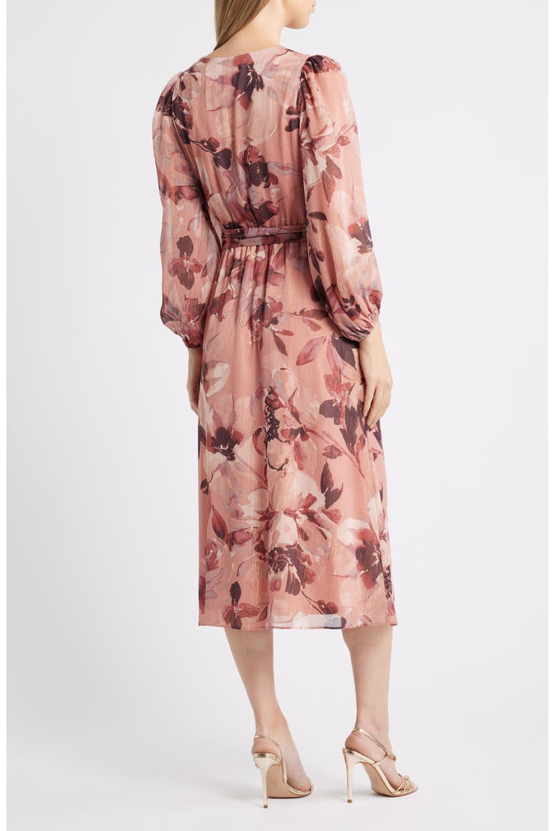 Metallic Stripe Floral Long Sleeve Midi Dress, Alternate, color, ROSE MIST MULTI
