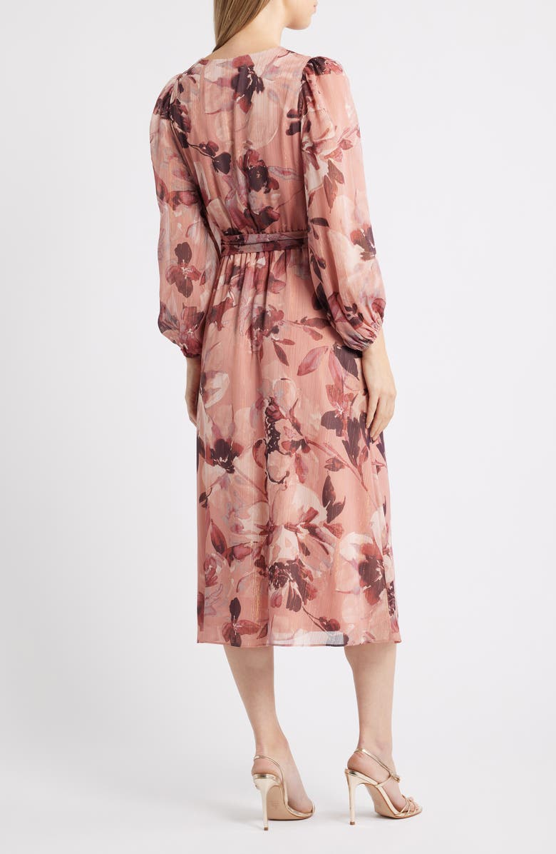 Anne Klein Metallic Stripe Floral Long Sleeve Midi Dress, Alternate, color, Rose Mist Multi