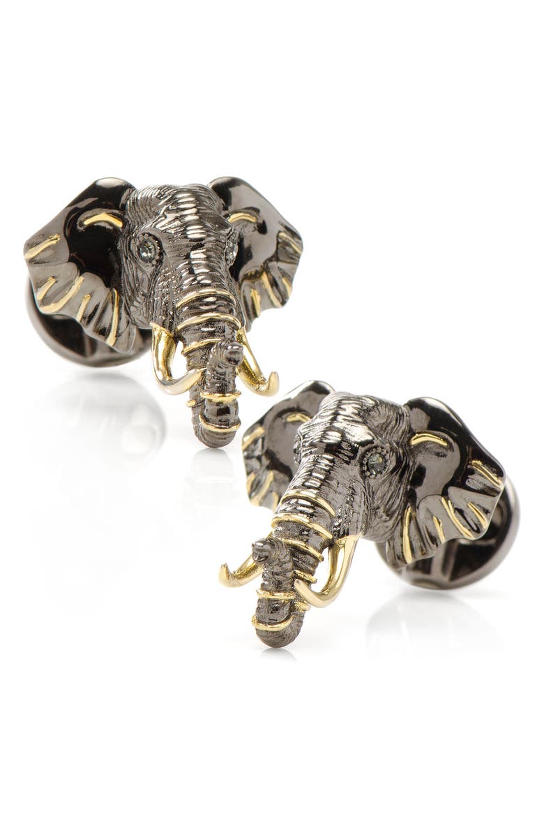 Cufflinks, Inc. Sterling Silver & 14K Gold Elephant Head Cuff Links, Main, color, Gunmetal