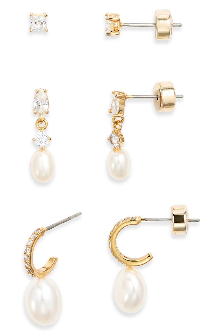 Set of 3 Demi Fine Cubic Zirconia Stud & Pearl Drop Earrings, Main, color, 14K GOLD PLATED