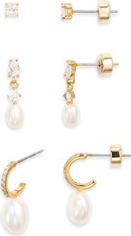 Nordstrom Set of 3 Demi Fine Cubic Zirconia Stud & Pearl Drop Earrings