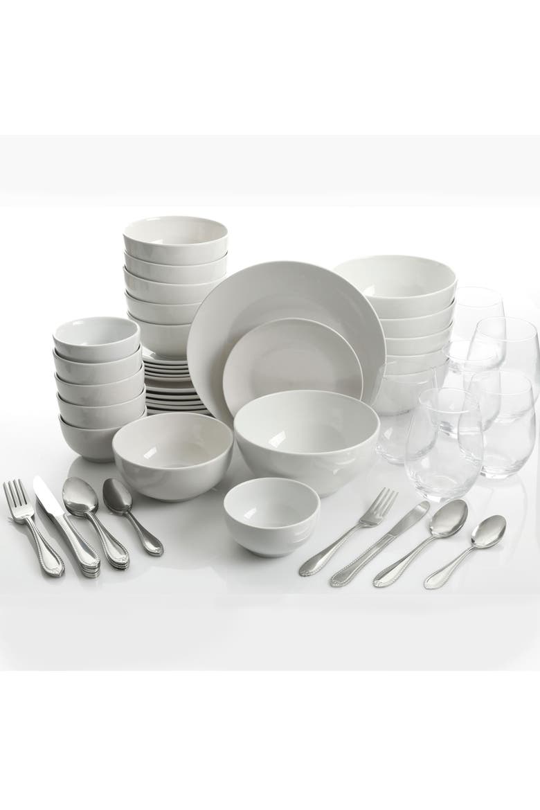 60 Piece Ceramic Dinnerware with Drinkware and Flatware, Alternate, color, White