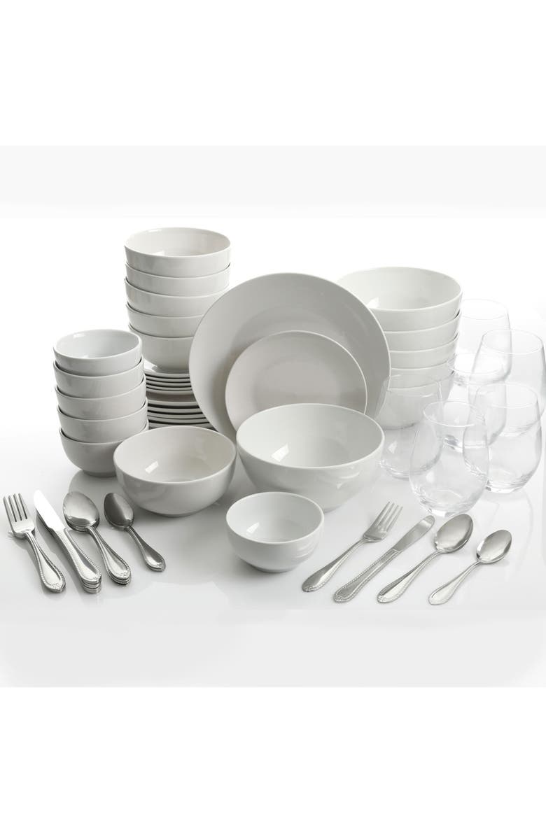 Gibson All U Need 60 Piece Ceramic Dinnerware Combo Set with Drinkware and Flatware, Alternate, color, White