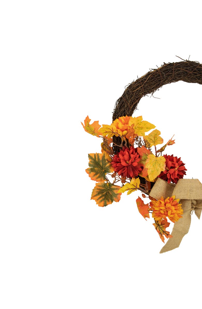 Northlight Mums and Maple Leaves Artificial Floral Fall Harvest Half Wreath with Burlap Bow - 20", Alternate, color, 