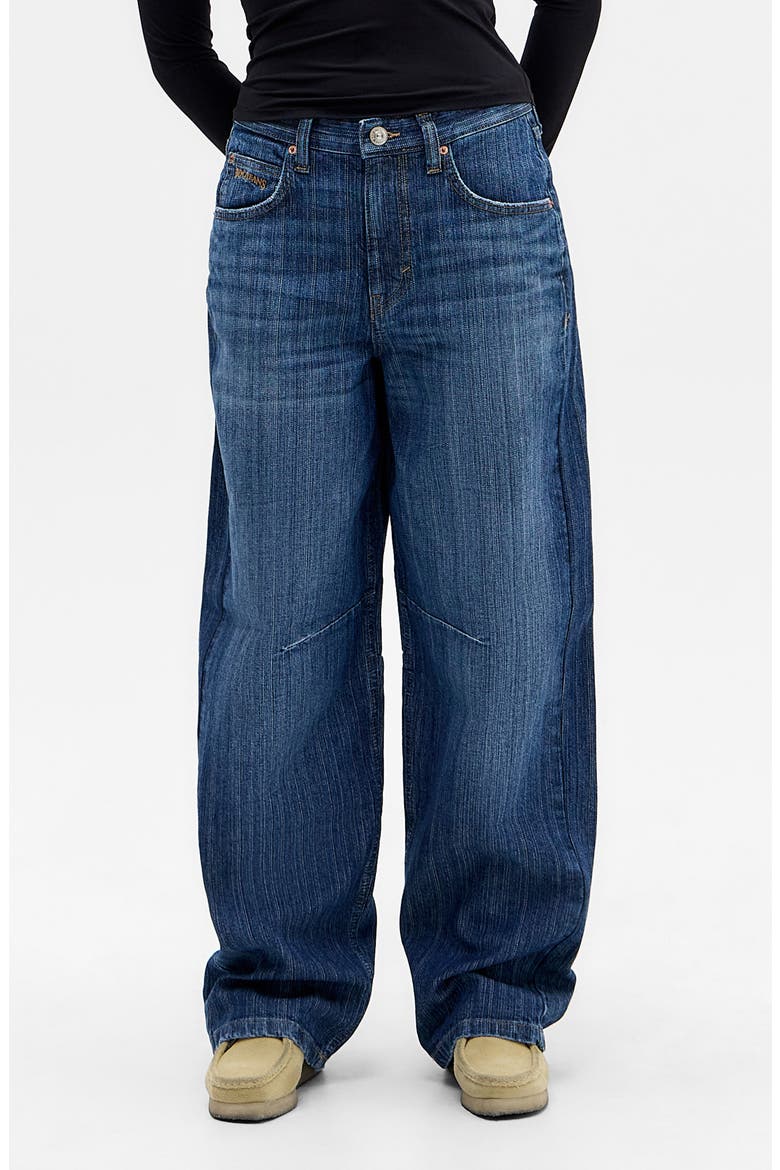 Logan Stripe Barrel Leg Jeans, Main, color, BLUE