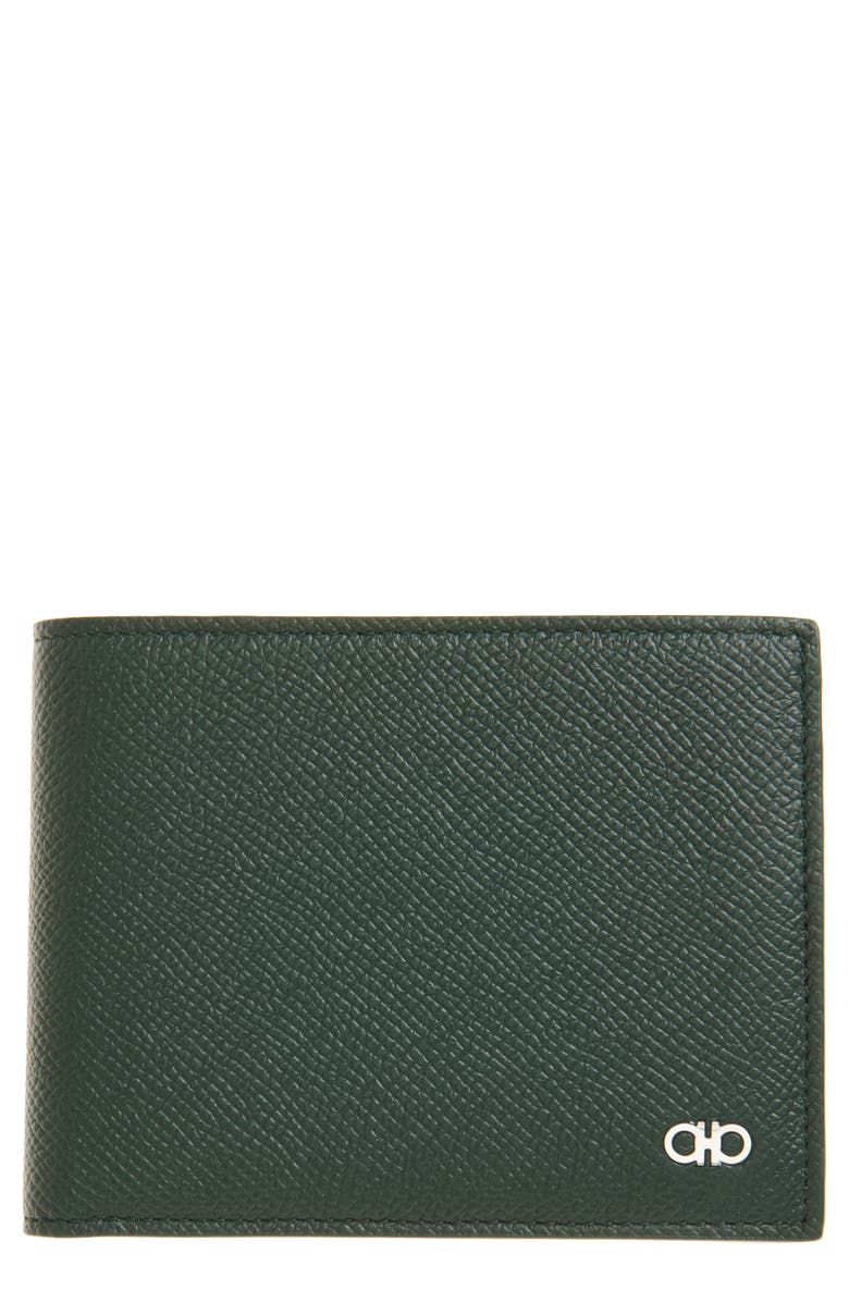 FERRAGAMO Micro Gancio Leather Bifold Wallet, Main, color, Moss