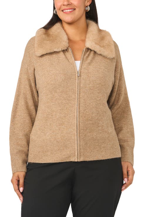 Faux Fur Collar Zip Cardigan