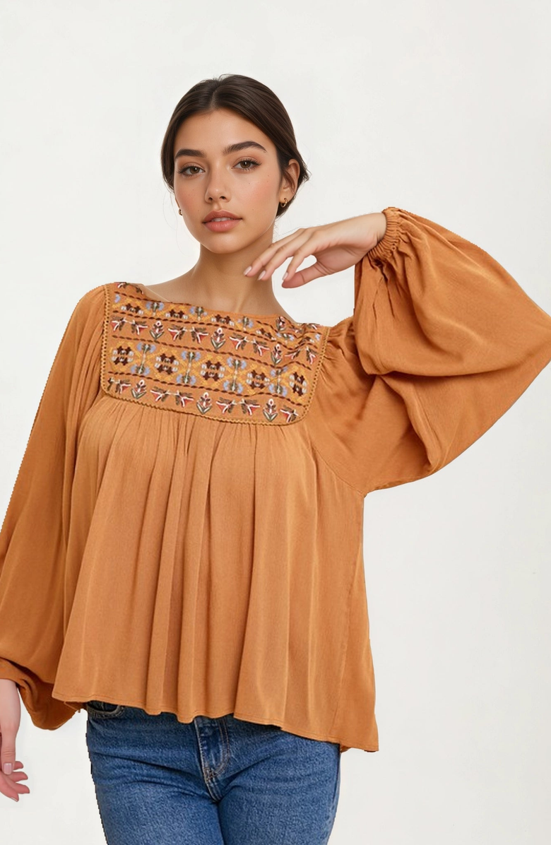 Knit and Lounge Embroidered Yoke Long Sleeve Peasant Blouse, Alternate, color, Brown / Multicolor
