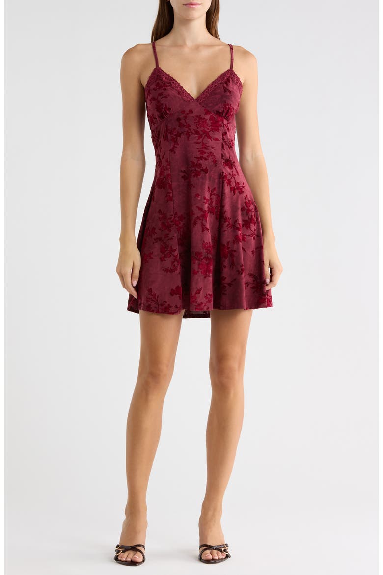 Lace Burnout Velvet Fit & Flare Minidress, Main, color, WINE COMBO