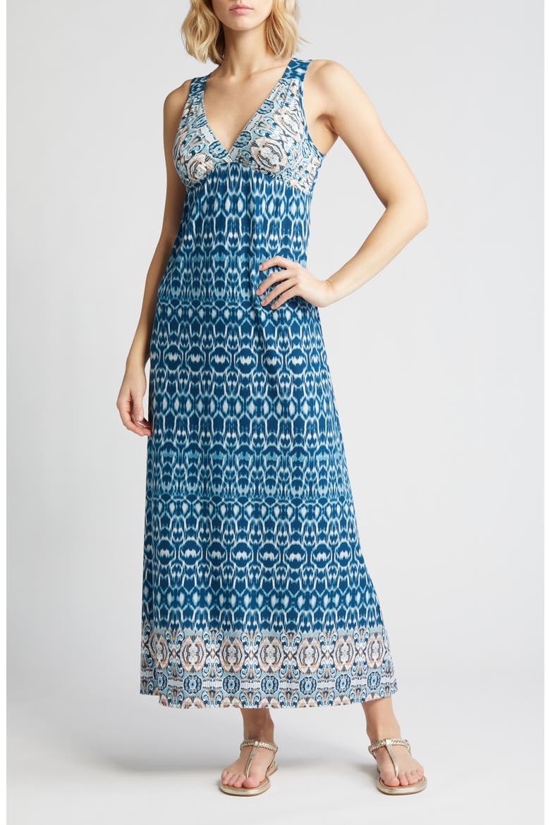 Border Print Sleeveless Jersey Maxi Dress, Main, color, TEAL