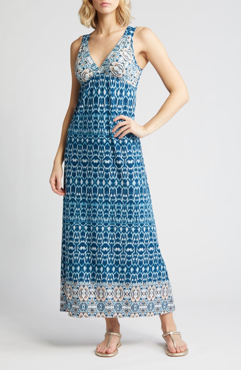 Loveappella Border Print Sleeveless Jersey Maxi Dress, Main, color, Teal