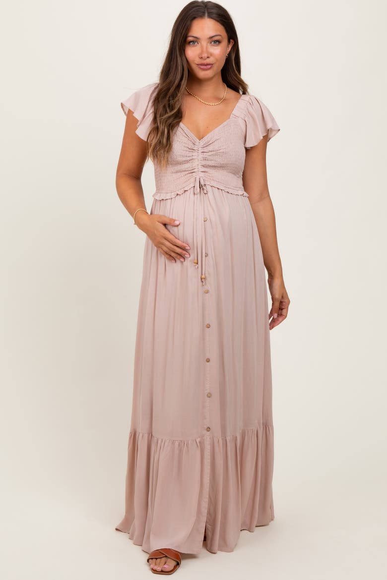 Smocked Top Woven Maxi Dress, Alternate, color, Taupe