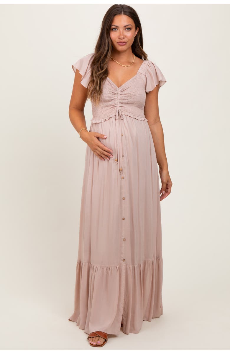 PinkBlush Smocked Top Woven Maxi Dress, Alternate, color, Taupe