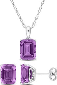 DELMAR Emerald Cut Amethyst Pendant Necklace & Stud Earrings Set