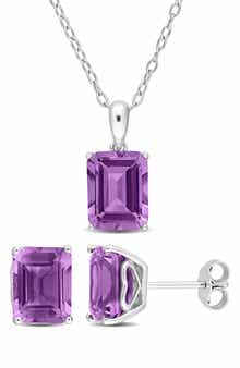 DELMAR Emerald Cut Amethyst Pendant Necklace & Stud Earrings Set