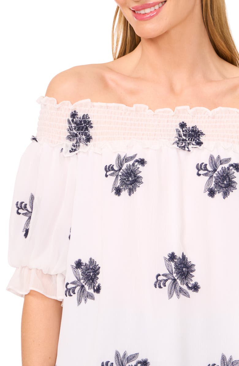 CeCe Floral Smocked Off the Shoulder Chiffon Top, Alternate, color, Ultra White