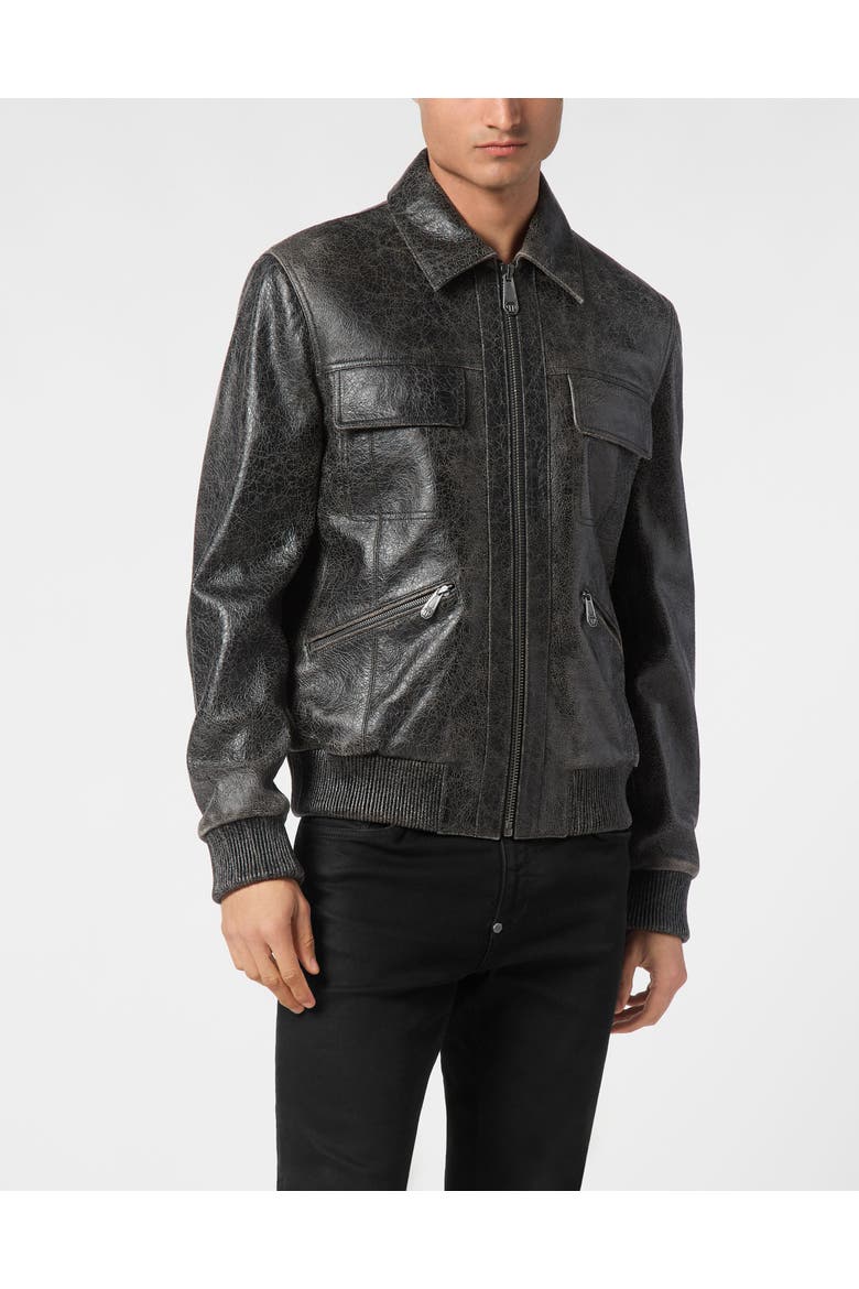 Leather Coster Bomber Jacket Ls Men, Main, color, darkgrey
