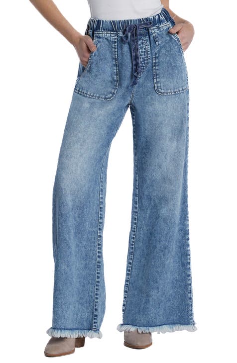 Lola Elastic Waist Frayed Soft Wide Leg Jeans