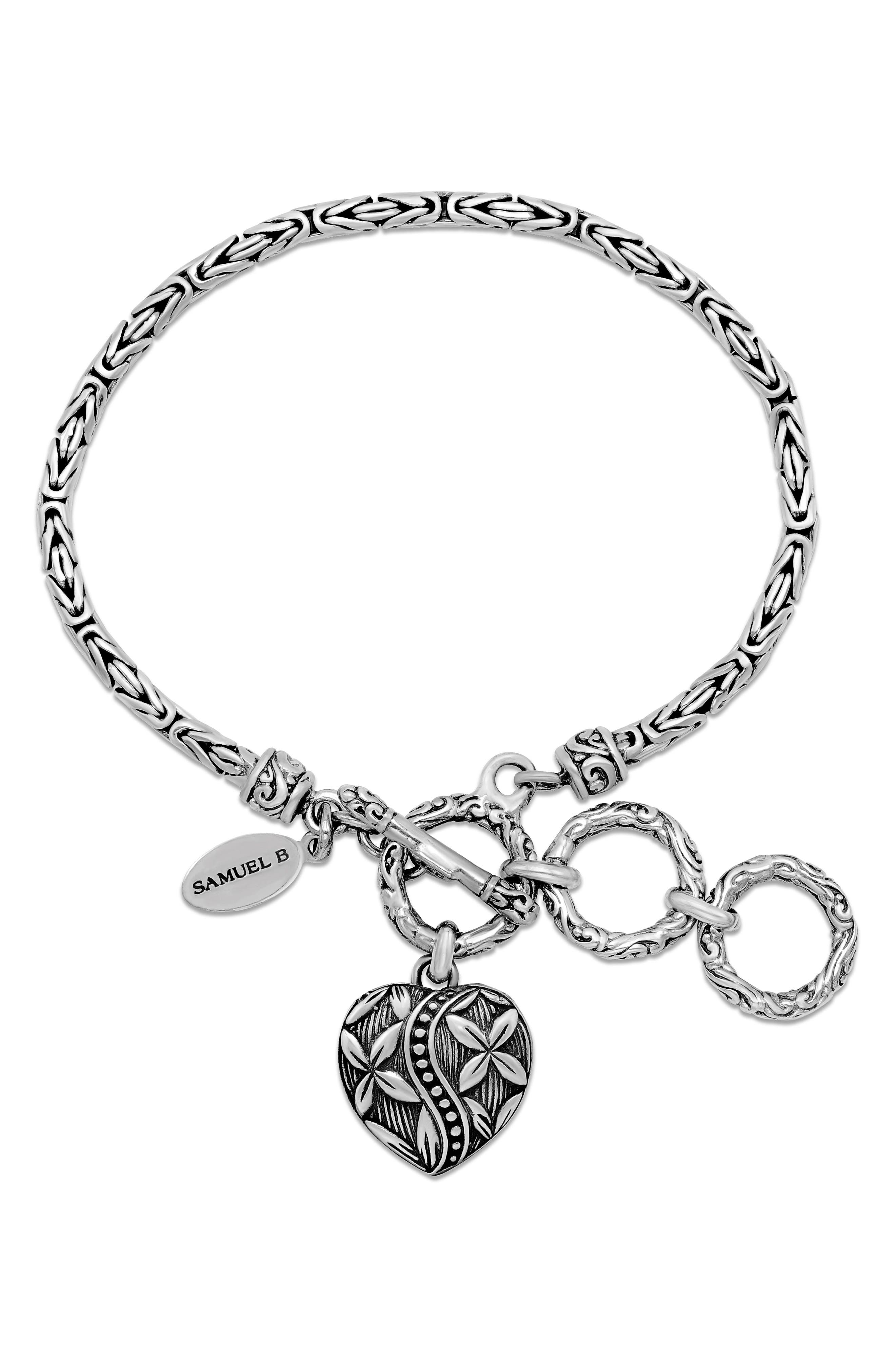 SAMUEL B. Sterling Silver Byzantine Chain Heart Charm Toggle Bracelet