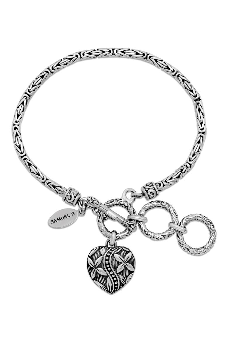 Sterling Silver Byzantine Chain Heart Charm Toggle Bracelet, Main, color, SILVER
