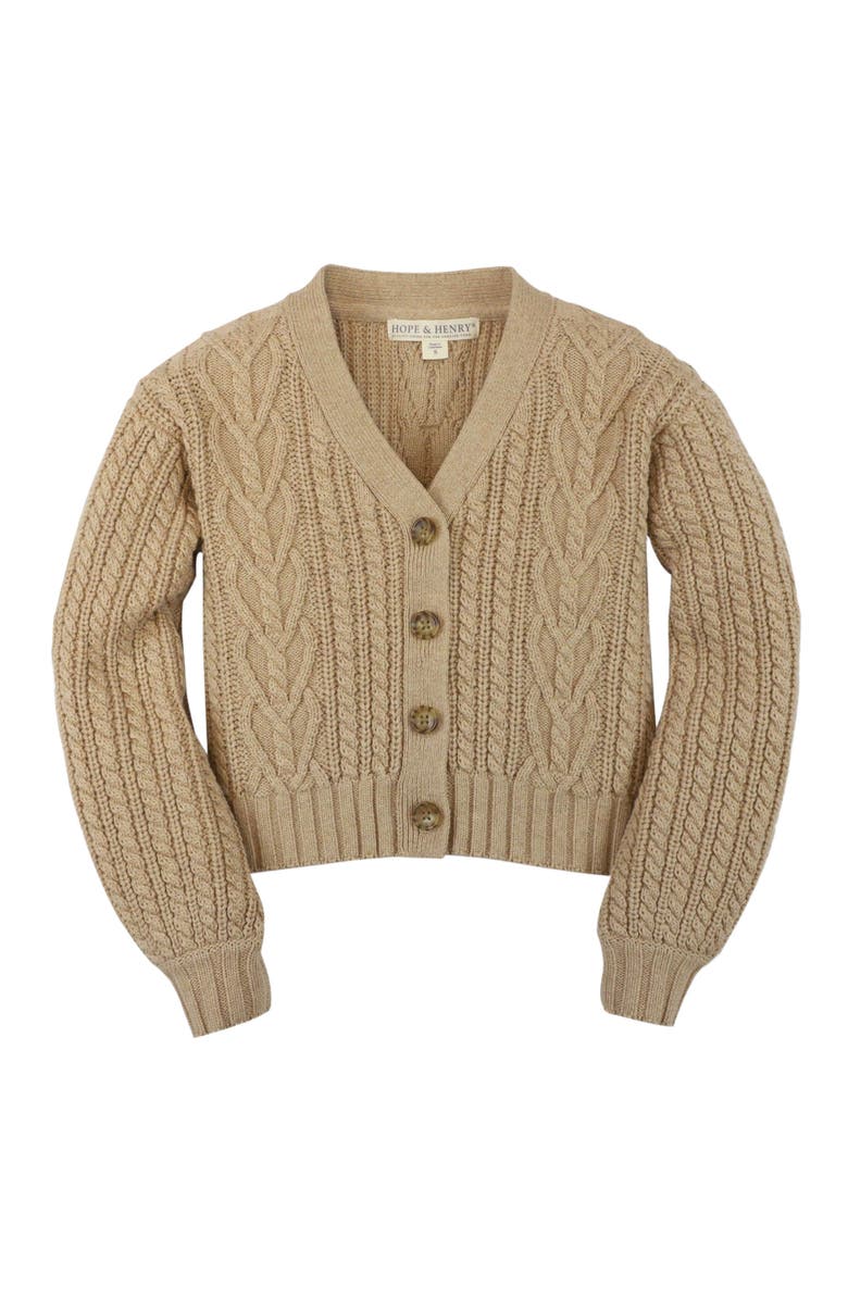 Hope & Henry Baby Girls' Chunky Cable Cardigan, Infant, Main, color, Camel Heather Heart Cable