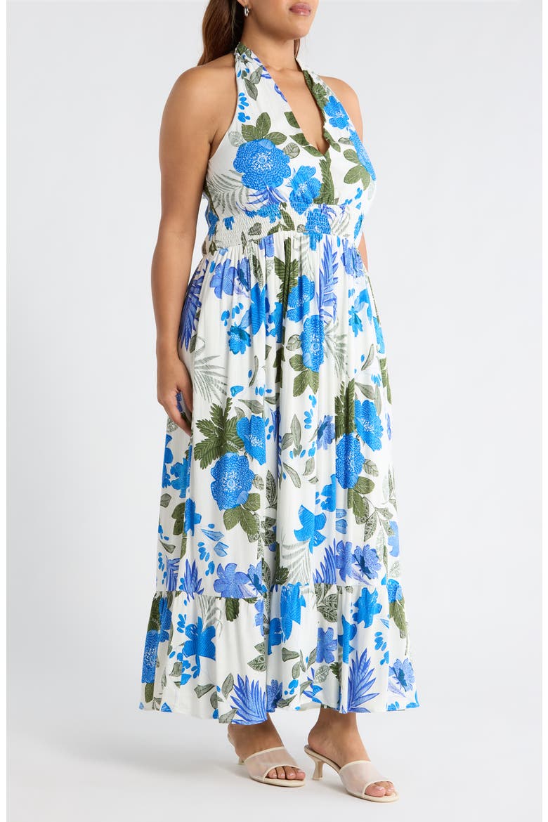 Zurie Floral Niam Smocked Midi Dress, Alternate, color, WHT-BLUE-GREEN