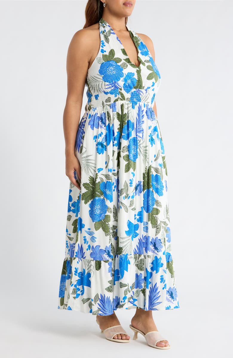 SUGARLIPS Zurie Floral Niam Smocked Midi Dress, Alternate, color, Wht-Blue-Green