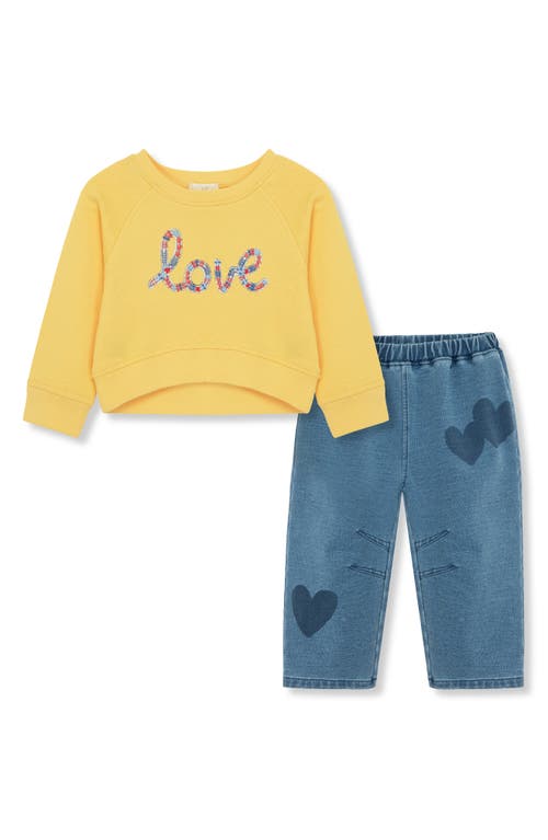 Peek Essentials Love Appliqué Graphic Sweatshirt & Knit Pants Set In Yellow