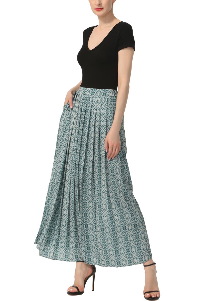 Women's Print Box Pleat Maxi Skirt, Alternate, color, Teal