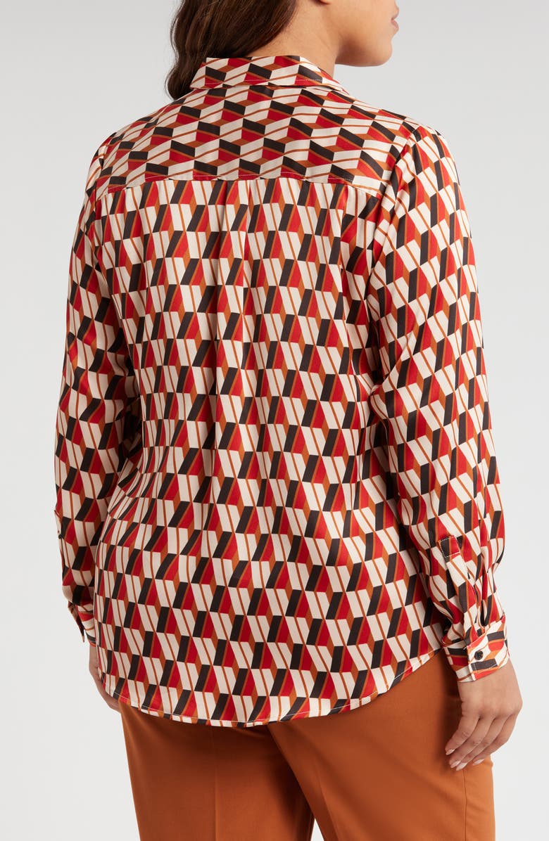 Tahari ASL Geo Print Satin Button-Up Shirt, Alternate, color,