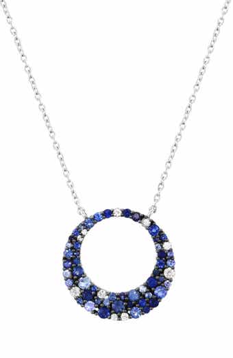 Sterling Silver White & Blue Sapphire Circle Pendant Necklace