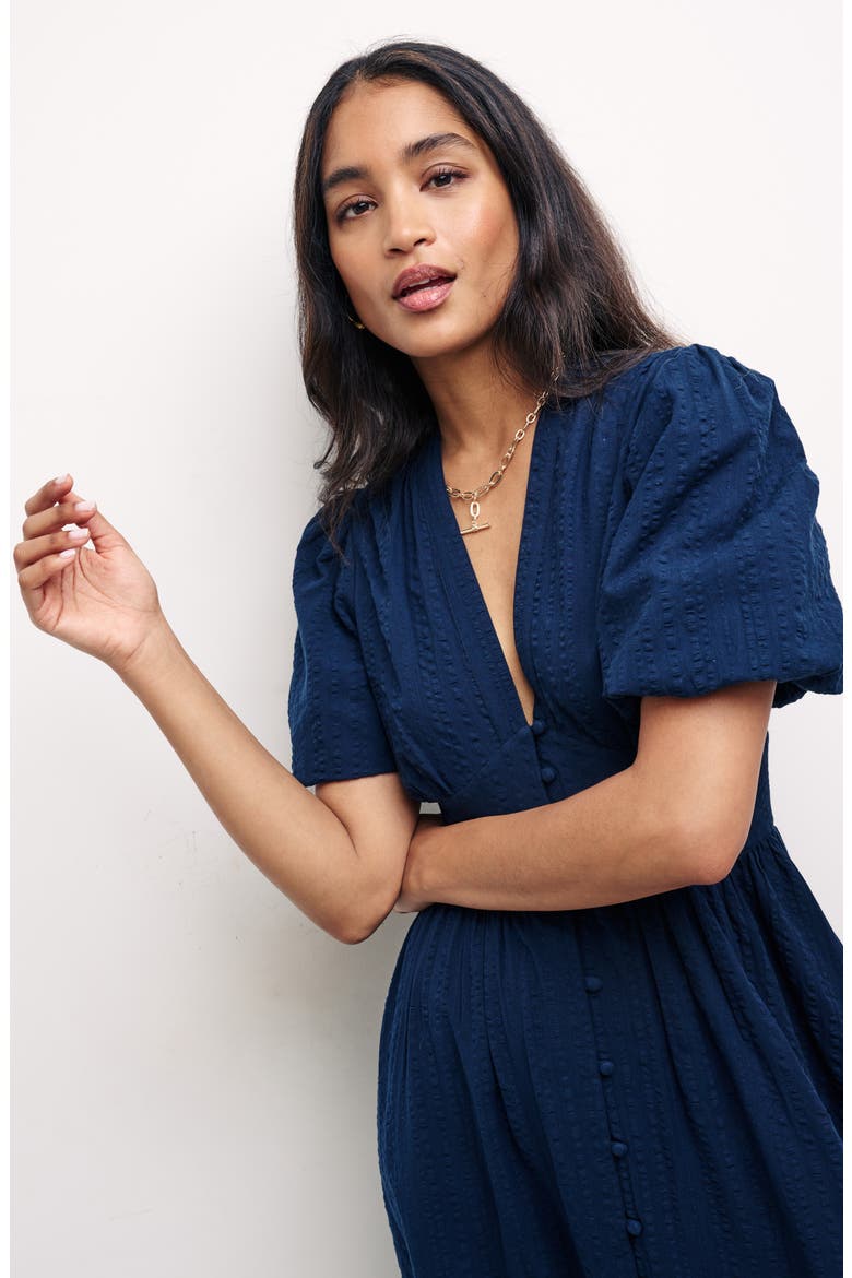 Starlight Button Front Cotton Seersucker Midi Dress, Alternate, color, BLUE