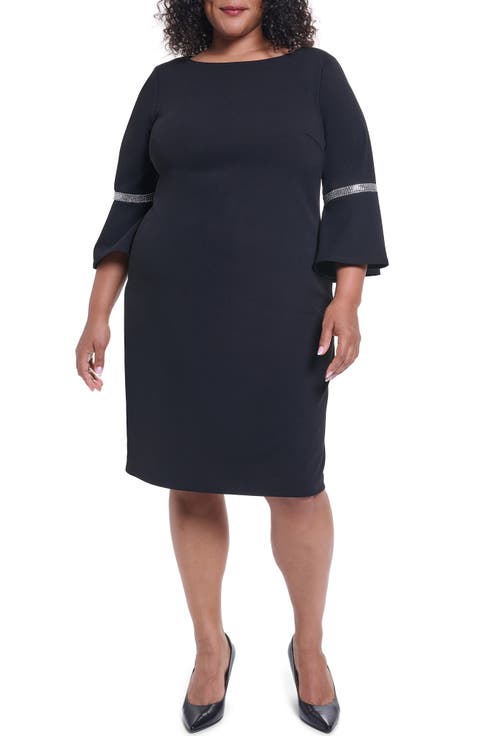 Rhinestone Trim Bell Sleeve Sheath Dress