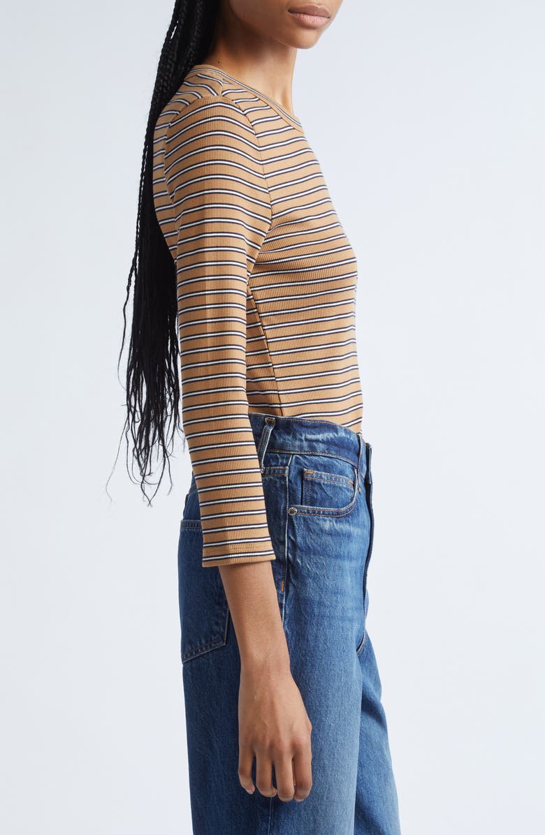 Veronica Beard Pruitt Stripe Three Quarter Sleeve Cotton T-Shirt, Alternate, color, Brown Multi