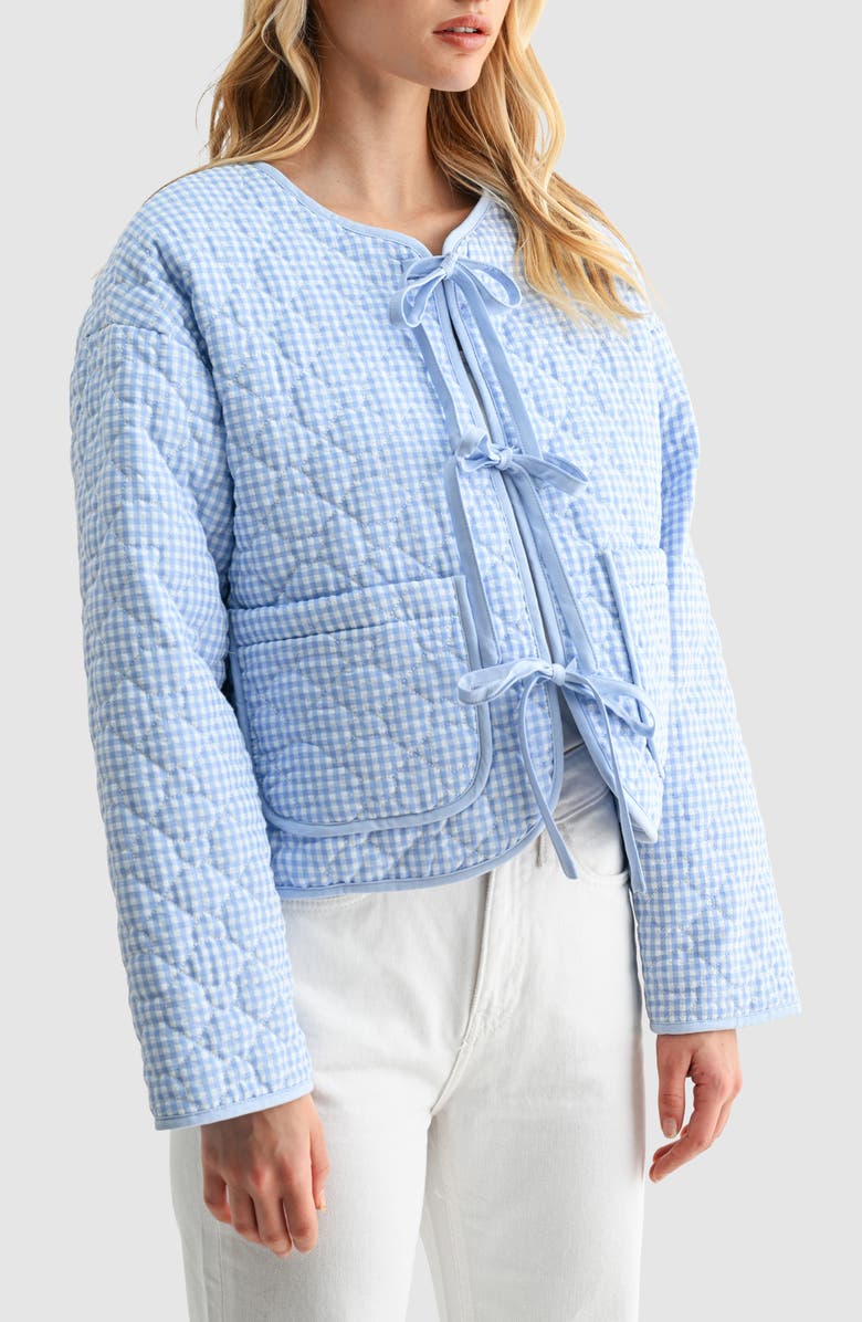 All in Favor Gingham Tie Front Quilted Jacket, Alternate, color, Light Blue Gingham