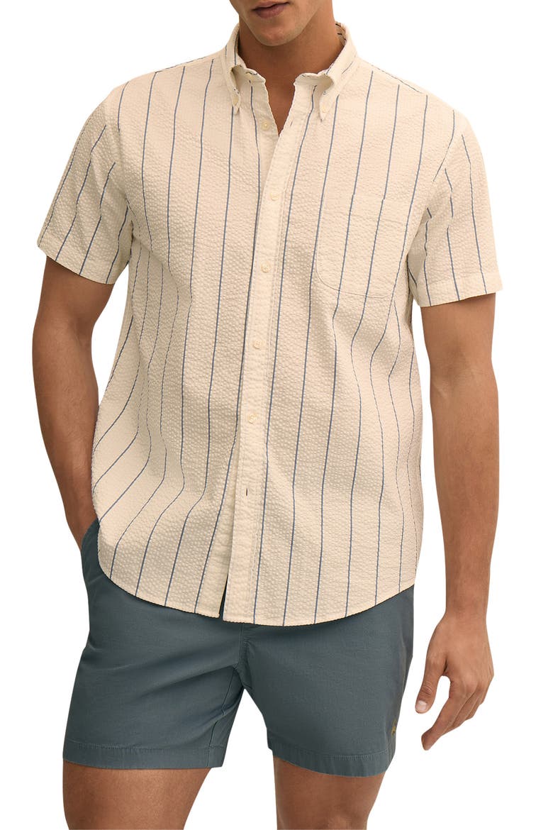 Stripe Short Sleeve Stretch Seersucker Button-Down Shirt, Main, color, PINSTRIPE
