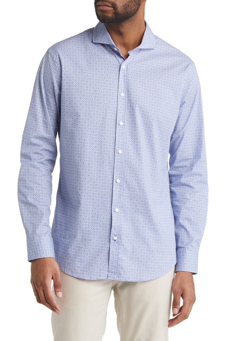 Harold Geo Print Hi Flex Stretch Cotton Button-Up Shirt, Main, color, COBALT